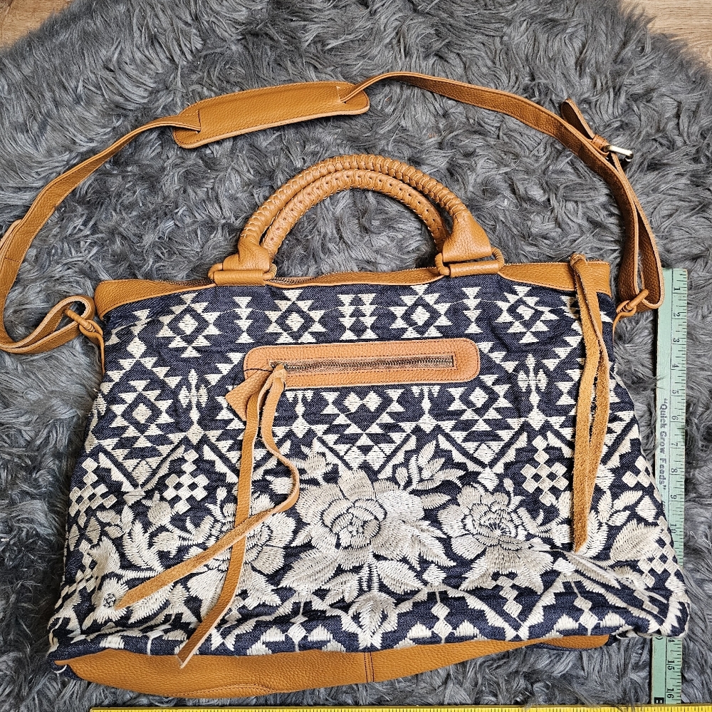 Johnny Was Mela Embroidered Overnight Tote Bag - Leather and Denim